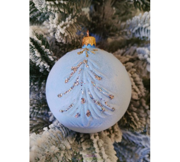 Новорічна куля в оксамиті "Ялинка" 80мм блакитна, ціна за набір 4 шт